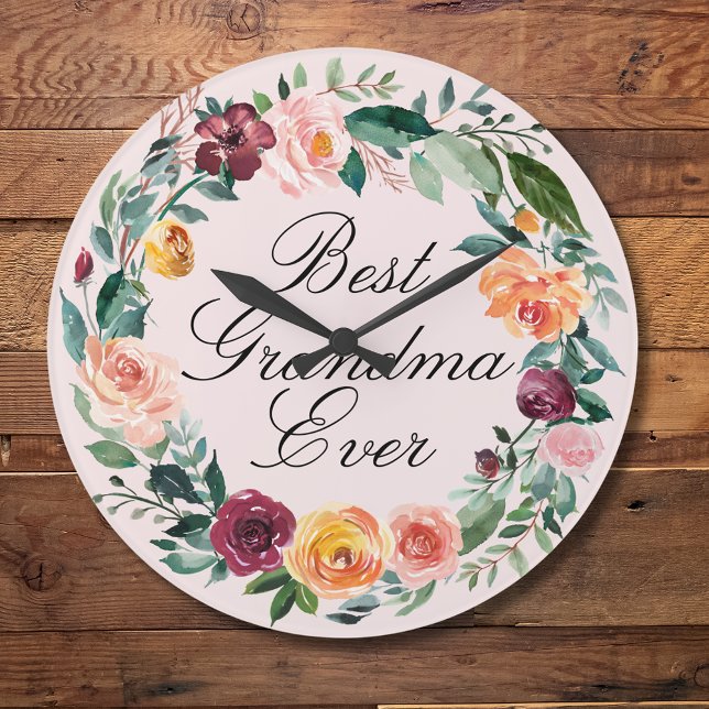 Fall Autumn Rose Flower Floral Wreath Best Grandma Large Clock (In situ)