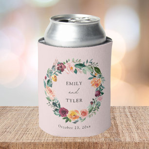 Fall Autumn Rose Flower Floral Wreath Wedding Can Cooler