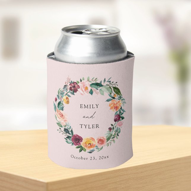 Fall Autumn Rose Flower Floral Wreath Wedding Can Cooler (In situ)