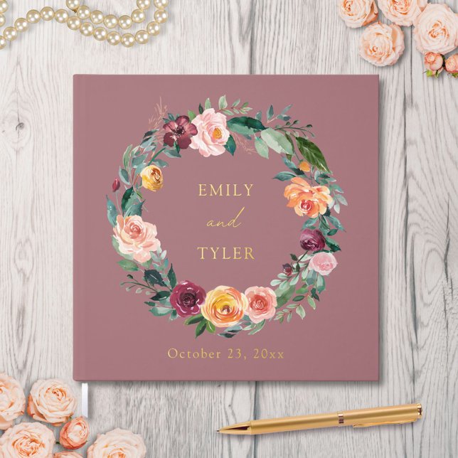 Fall Autumn Rose Flower Floral Wreath Wedding Guest Book (In situ)