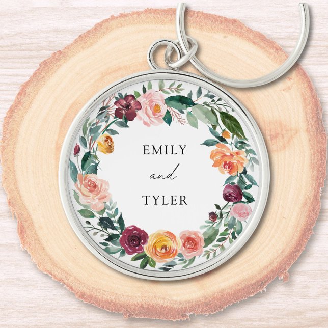 Fall Autumn Rose Flower Floral Wreath Wedding Key Ring (In situ)