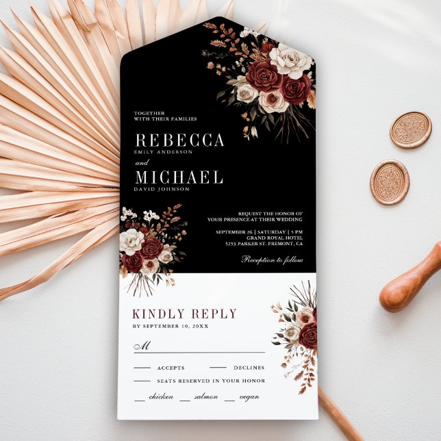 Fall Autumn Rustic Burgundy Floral Black Wedding All In One Invitation (Creator Uploaded)