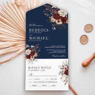 Fall Autumn Rustic Burgundy Floral Navy Wedding All In One Invitation