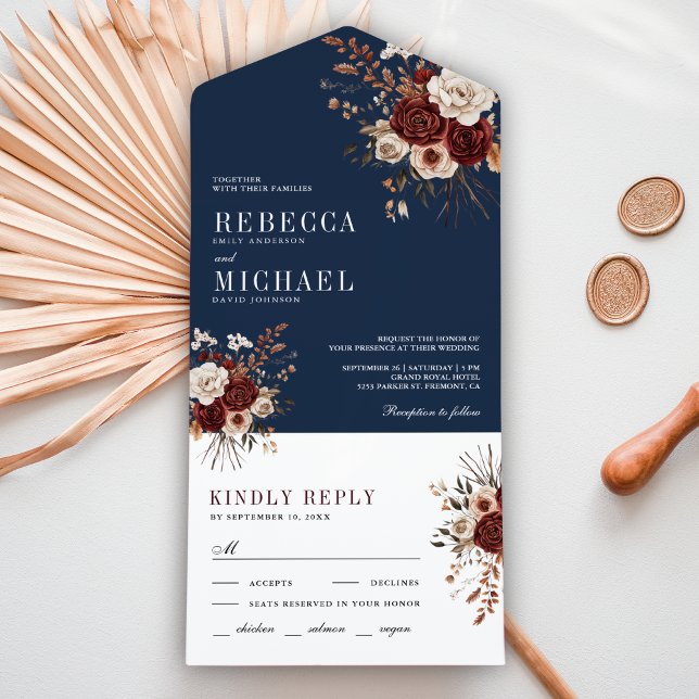 Fall Autumn Rustic Burgundy Floral Navy Wedding All In One Invitation (Creator Uploaded)