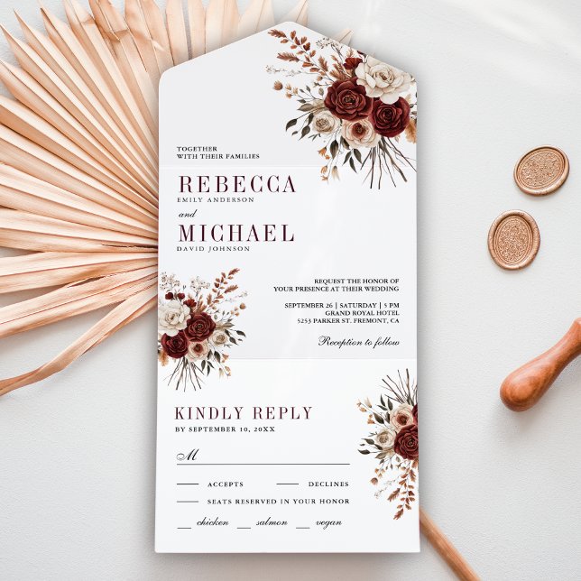 Fall Autumn Rustic Burgundy Floral Wedding All In One Invitation (Creator Uploaded)