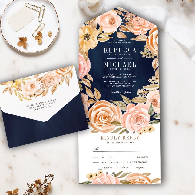 Fall Autumn Rustic Earthy Floral Navy Blue Wedding All In One Invitation (Creator Uploaded)