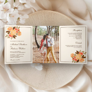 Fall Autumn Rustic Floral Photo Wedding Tri-Fold Invitation