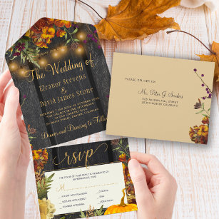 Fall autumn rustic floral wood pumpkin wedding all in one invitation
