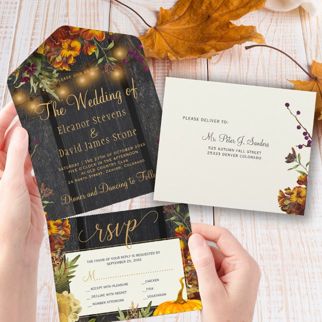 Fall autumn rustic floral wood pumpkin wedding all in one invitation (Creator Uploaded)