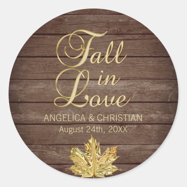 Fall Autumn Rustic Gold FALL IN LOVE Wedding Classic Round Sticker (Front)