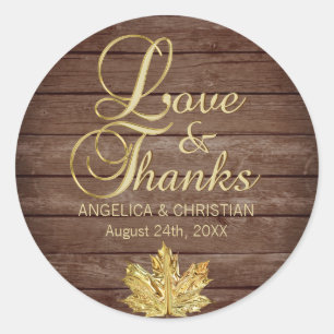 Fall Autumn Rustic Gold LOVE & THANKS Wedding Classic Round Sticker