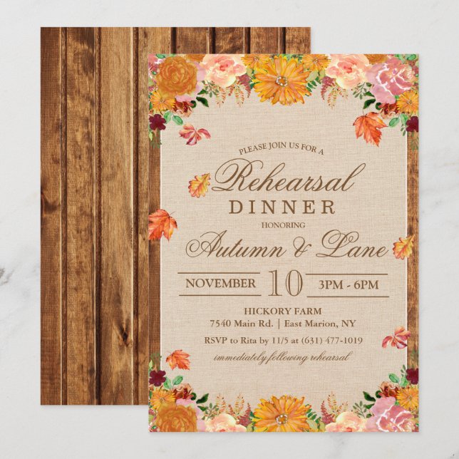 Fall Autumn Rustic Rehearsal Dinner Invitation (Front/Back)
