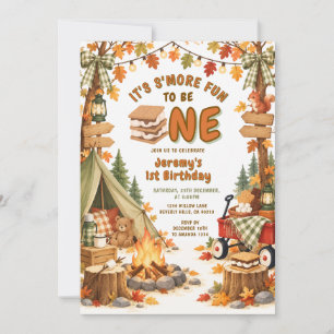 Fall Autumn S’more Fun to Be One Bow 1st Birthday Invitation