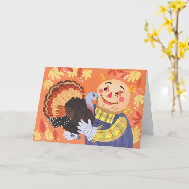 Fall Autumn Scarecrow and Turkey Card (Yellow Flower)
