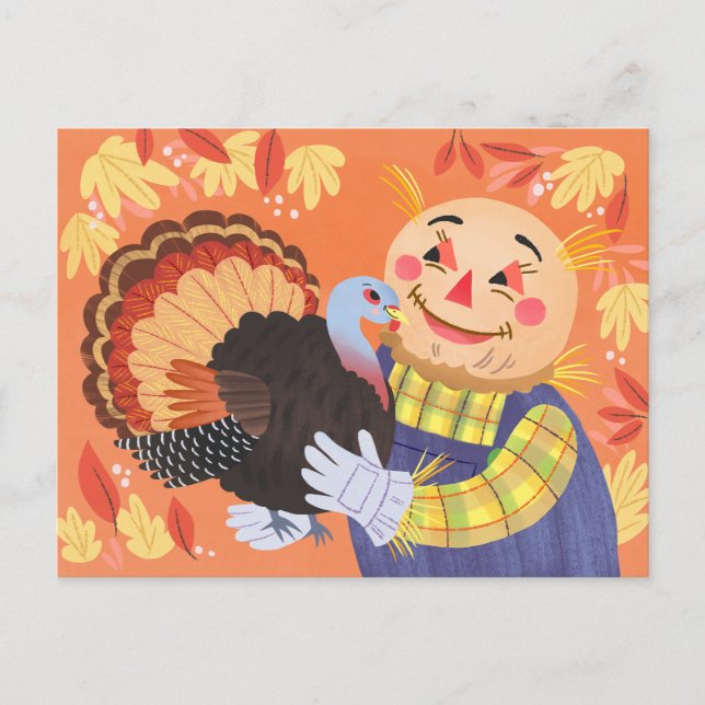 Fall Autumn Scarecrow and Turkey Postcard (Front)