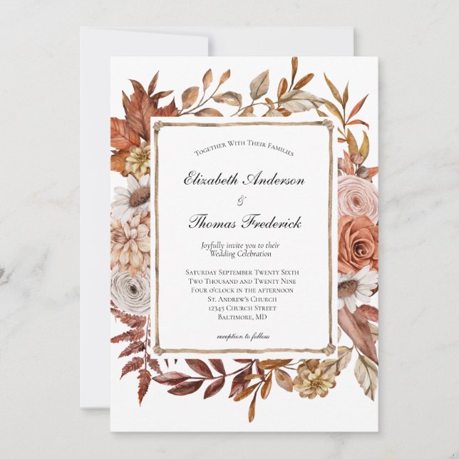 Fall Autumn Terracotta Boho Floral Modern Wedding Invitation (Front)