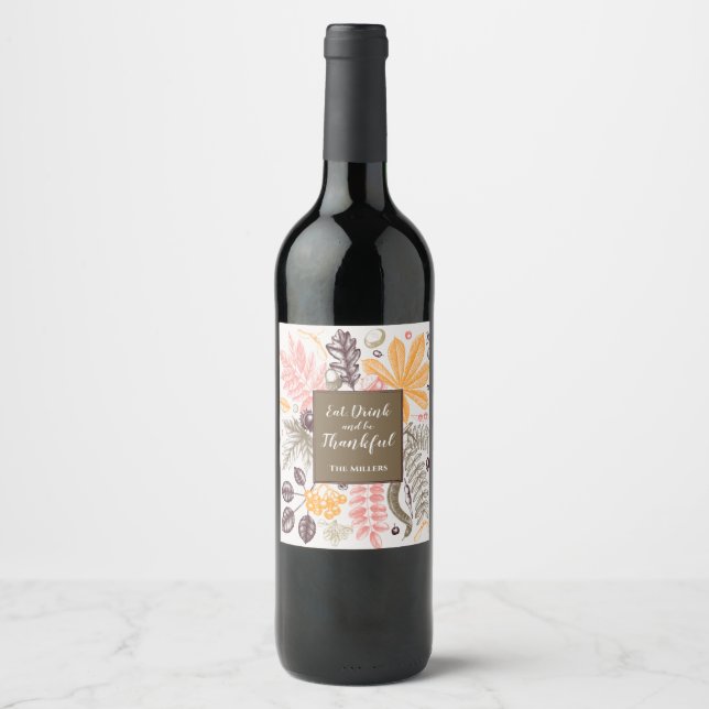 Fall Autumn Thanksgiving Botanicals Wine Label (Front)