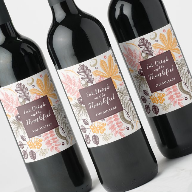 Fall Autumn Thanksgiving Botanicals Wine Label (Fall Autumn Thanksgiving Botanicals Wine Bottle Labels)