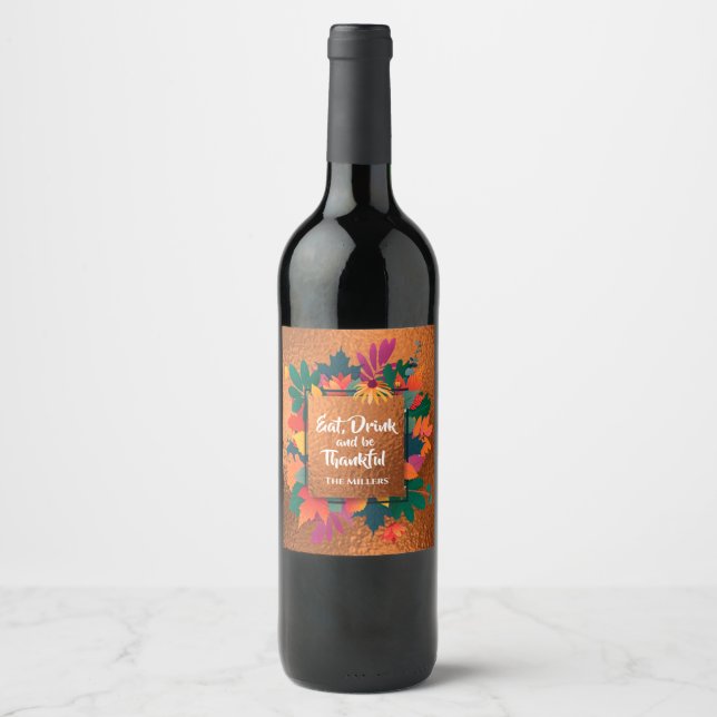 Fall Autumn Thanksgiving Leaves on Copper Wine Label (Front)