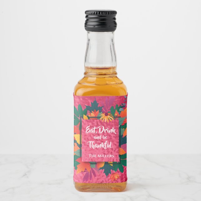 Fall Autumn Thanksgiving Leaves on Hot Pink Liquor Bottle Label (Front)