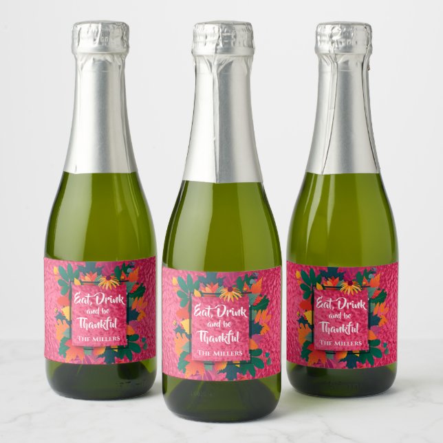 Fall Autumn Thanksgiving Leaves on Hot Pink Mini Sparkling Wine Label (Bottles)