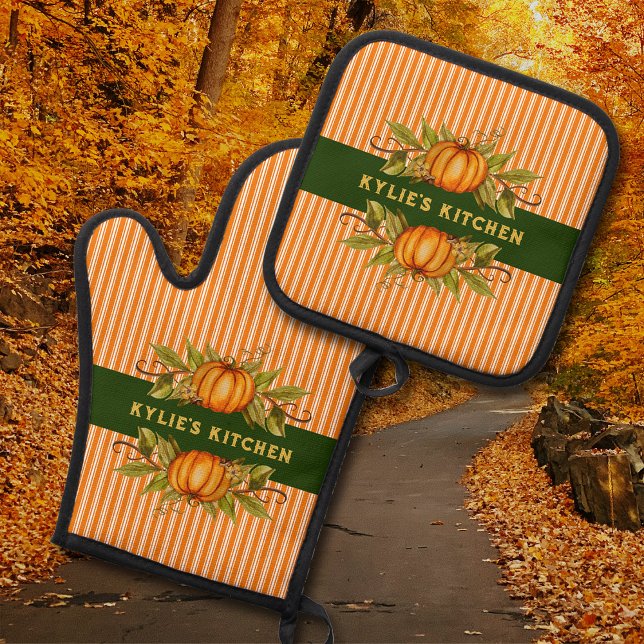 Fall Autumn Thanksgiving Pumpkins Orange Striped Oven Mitt & Pot Holder Set (Personalized seasonal pot holder set perfect  for fall, Halloween, and Thanksgiving!)