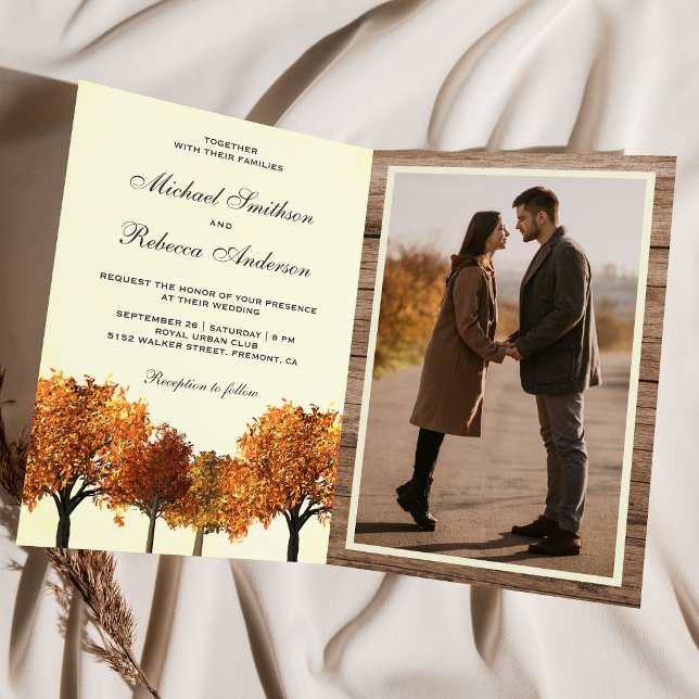 Fall Autumn Trees Forest Photo QR Code Wedding Invitation (Creator Uploaded)