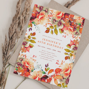 Fall Autumn Watercolor Floral 40th Birthday  Invitation