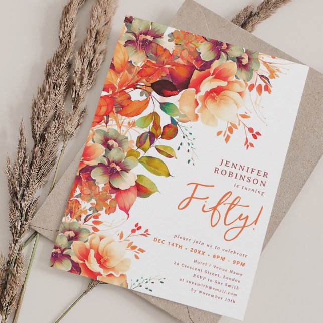 Fall Autumn Watercolor Floral 50th Birthday  Invitation (Fall Autumn Watercolor Floral 50th Birthday Invitation)