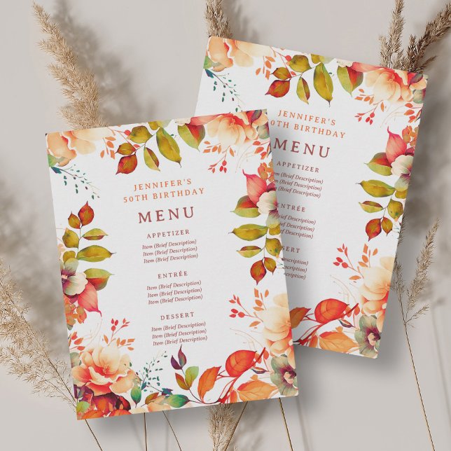 Fall Autumn Watercolor Floral 50th Birthday Menu Invitation (Fall Autumn Watercolor Floral 50th Birthday Menu Invitation)