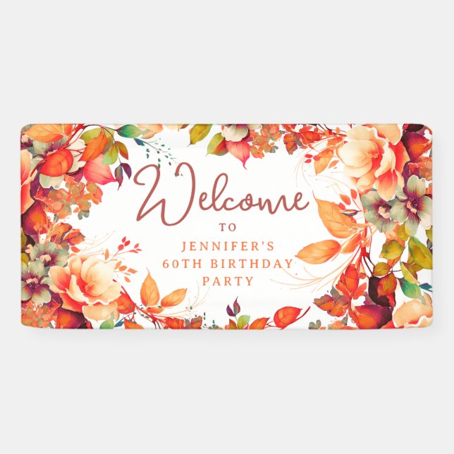 Fall Autumn Watercolor Floral 60th Birthday Party Banner (Horizontal)