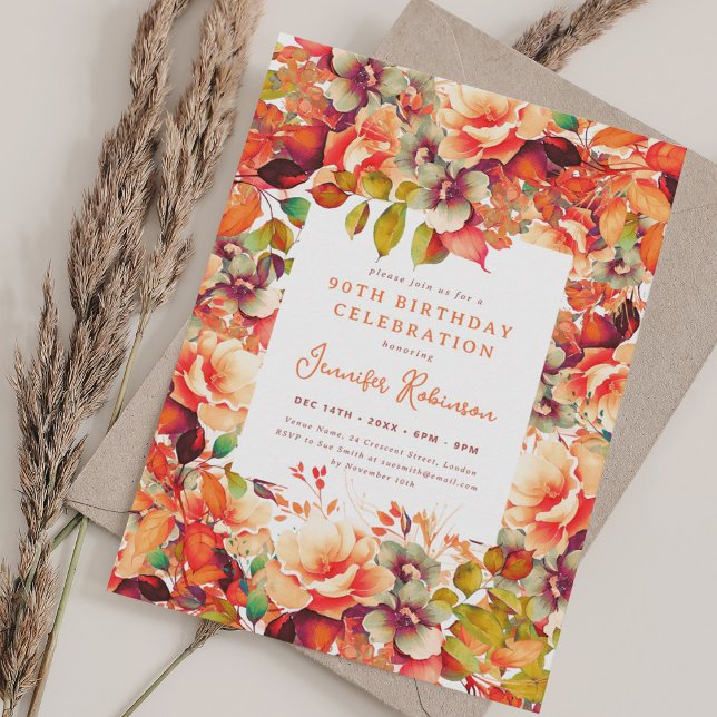 Fall Autumn Watercolor Floral 90th Birthday  Invitation (Fall Autumn Watercolor Floral 90th Birthday Invitation)