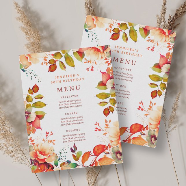 Fall Autumn Watercolor Floral 90th Birthday Menu Invitation (Fall Autumn Watercolor Floral 90th Birthday Menu Invitation)