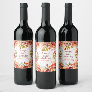 Fall Autumn Watercolor Floral 90th Happy Birthday  Wine Label
