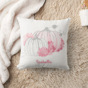 Fall Autumn Watercolor Glitter Pumpkin Pink White  Cushion