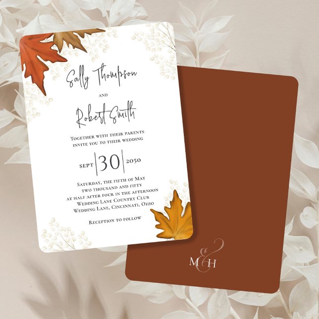 Fall Autumn Watercolor Leaves Custom Wedding Invitation (Elegant fall wedding invitation with watercolor leaves. )