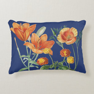 Fall Autumn Watercolor Orange Floral Blue Decorative Cushion