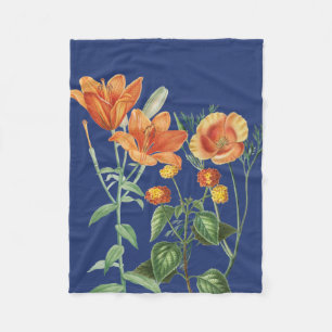 Fall Autumn Watercolor Orange Floral Blue Fleece Blanket