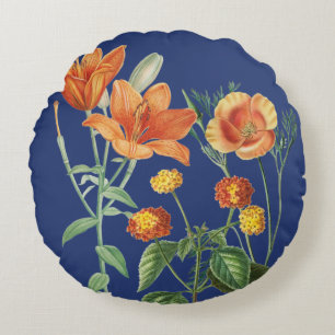 Fall Autumn Watercolor Orange Floral Blue  Round Cushion