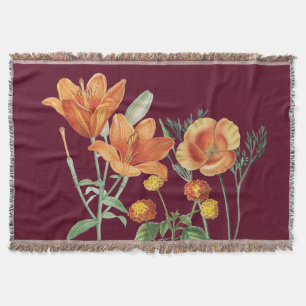 Fall Autumn Watercolor Orange Floral Burgundy Throw Blanket