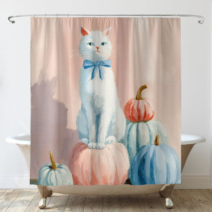 Fall Autumn White Cat with Pumpkins Shower Curtain
