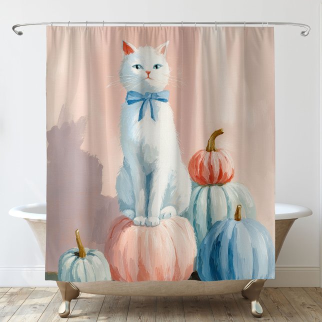Fall Autumn White Cat with Pumpkins Shower Curtain (Creator Uploaded)