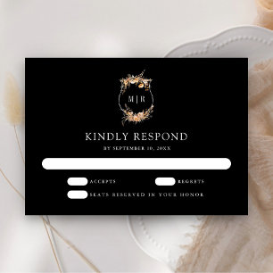 Fall Autumn Wildflower Crest Black Wedding RSVP Card