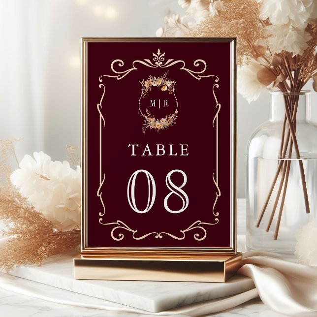 Fall Autumn Wildflower Crest Burgundy Wedding Table Number (Creator Uploaded)