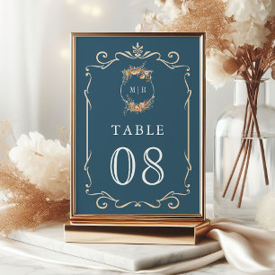 Fall Autumn Wildflower Crest Dusty Blue Wedding Table Number
