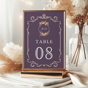 Fall Autumn Wildflower Crest Dusty Purple Wedding Table Number