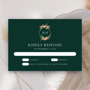 Fall Autumn Wildflower Crest Emerald Green Wedding RSVP Card