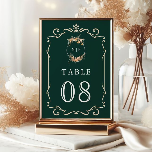Fall Autumn Wildflower Crest Emerald Green Wedding Table Number (Creator Uploaded)
