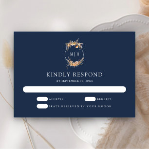 Fall Autumn Wildflower Crest Navy Blue Wedding RSVP Card