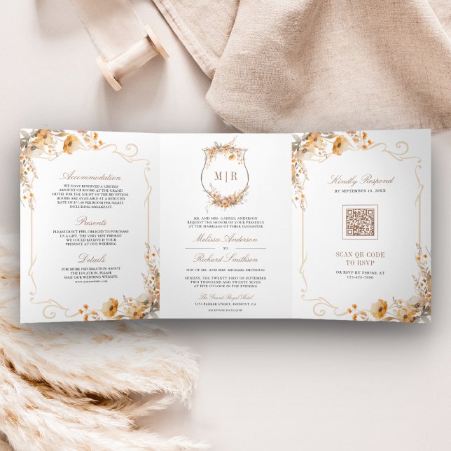 Fall Autumn Wildflower Crest QR Code Wedding Tri-Fold Invitation (Creator Uploaded)
